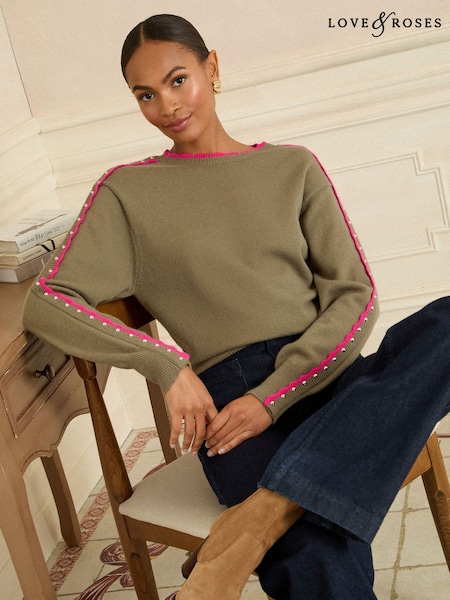 Love & Roses Khaki Studded Knitted Jumper (W76027) | £38