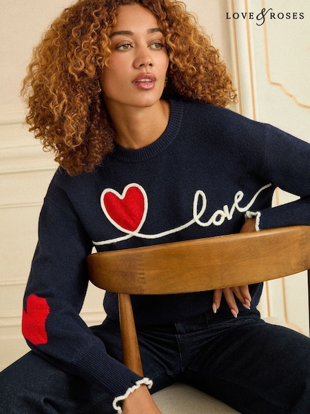 Love & Roses Navy Blue Love Heart Cornelli Knit Jumper (W76042) | £42