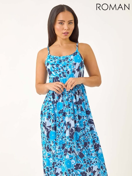 Roman Blue Petite Floral Print Strap Midi Dress (W76242) | £42