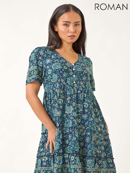 Roman Blue Petite Paisley Print Tiered Dress (W76243) | £45