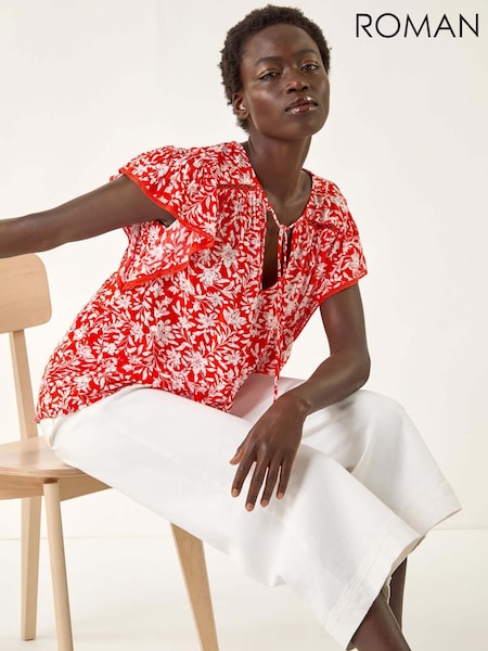 Roman Red Floral Print Frill Sleeve Tie Blouse (W76262) | £40