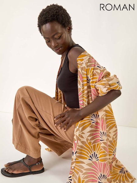 Roman Natural Fan Print Longline Button  Longline Shirt (W76269) | £42