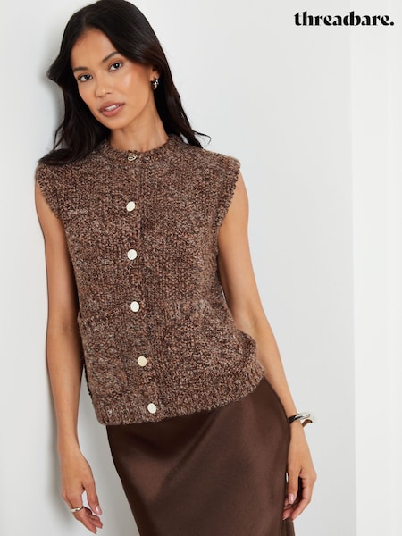 Threadbare Brown Moss Stitch Knitted Button Up Vest (W76660) | £28