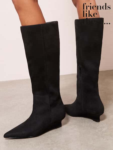 Friends Like These Black Faux Suede Low Wedge Formal Knee High Long Boots (W76773) | £55