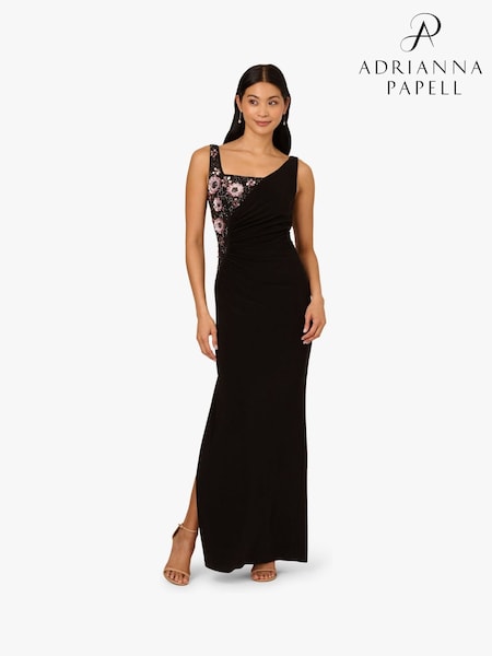 Adrianna Papell Bead Jersey Long Black Dress (W76777) | £249