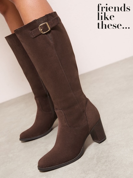 Friends Like These Chocolate Brown Standard fit Faux Suede Mid Block Heel Buckle Detail Smart Knee High Long Boots (W76782) | £59
