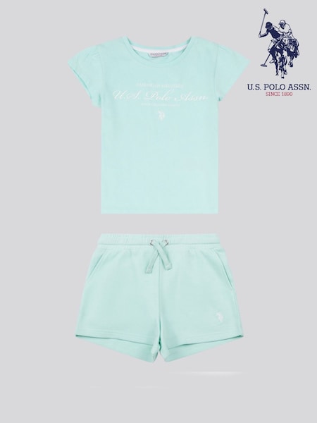 U.S. Polo Assn. Blue Girls Script Graphic Print T-Shirt & Sweat Short Set (W76868) | £35 - £42
