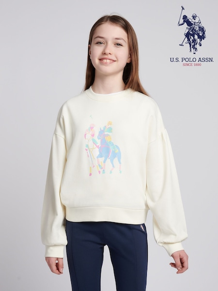 U.S. Polo Assn. White Girls Double Horsemen Puff Sleeve Sweater (W76870) | £40 - £48