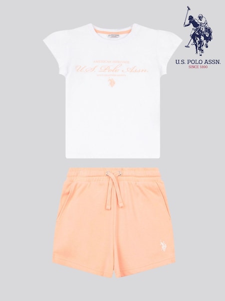U.S. Polo Assn. Orange Girls Script Graphic T-Shirt & Sweat Shorts Set (W76876) | £35 - £42