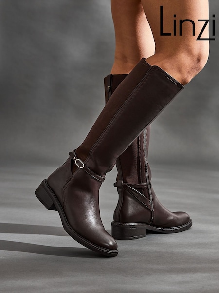 Linzi Brown Power High Leg Boots With Stretch Side Panel and Buckle Detail (W77007) | £60