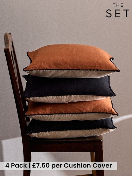 The Set 4 Pack Tan/Black Cotton Linen Pom Pom Cushion Covers (W77024) | £30