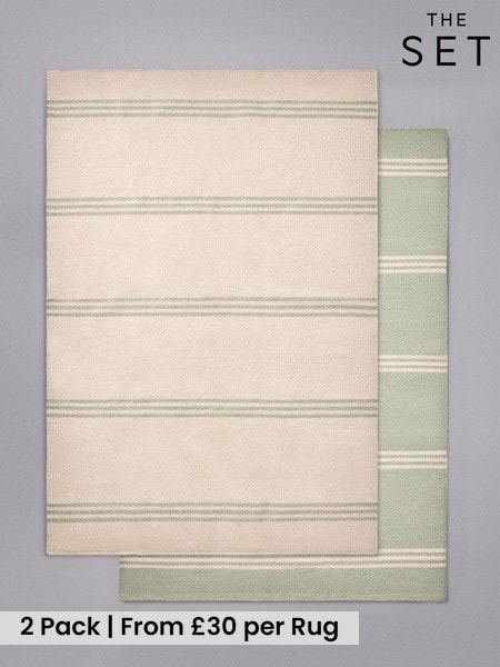 The Set 2 Pack Green Stripe Flatweave Wool Rugs (W77032) | £60 - £190