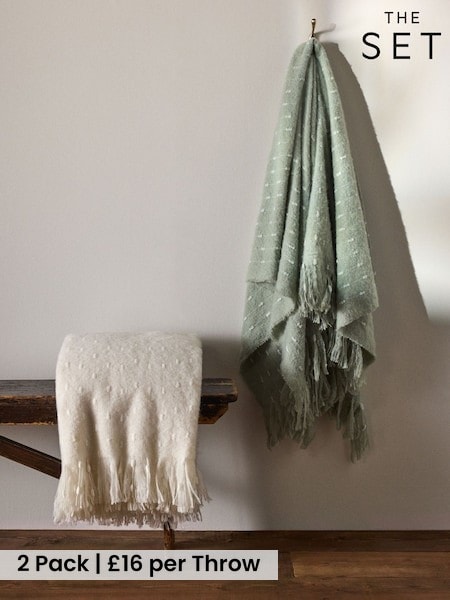The Set 2 Pack Green/Cream Dobby Spot Throws (W77037) | £32