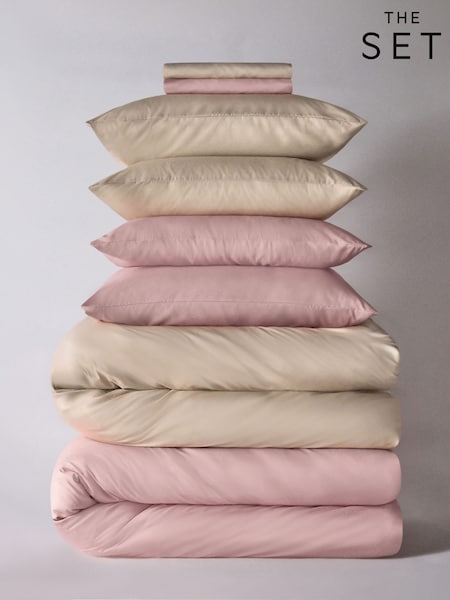 The Set 2 Pack Pink/Natural Microfibre Duvet Cover and Pillowcase Set with Fitted Sheets (W77051) | £30 - £55