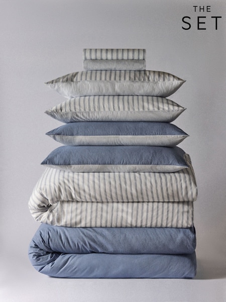 The Set 2 Pack Navy Stripe Printed Duvet Cover and Pillowcase Set With Fitted Sheets (W77054) | £50 - £90