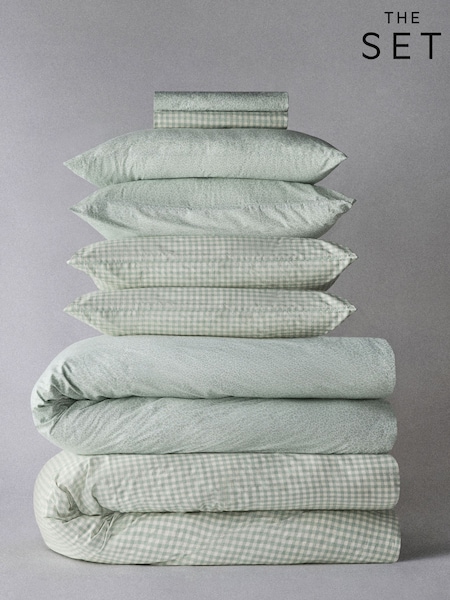 The Set 2 Pack Green Gingham Floral Duvet Cover and Pillowcase Set with Fitted Sheets (W77058) | £50 - £90