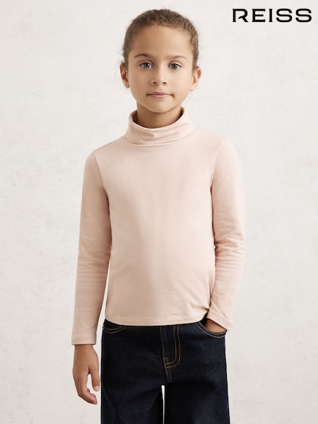 Reiss Rose Pink Carey Cotton-Jersey Roll-Neck Top with Stretch (W77285) | £14