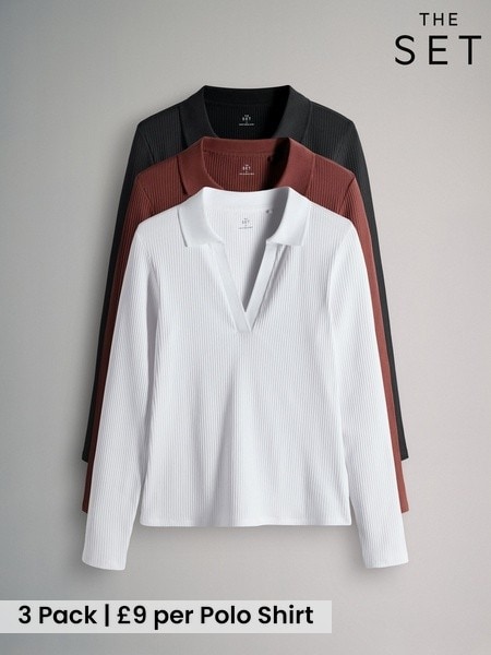 The Set 3 Pack Long Sleeve Ribbed Polo Top Black/Pink/White (W77335) | £28