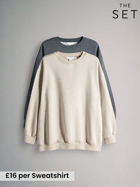 The Set Charcoal Marl/Cream 2 Pack Longline Sweatshirts With Side Zip Detail (W77343) | £32