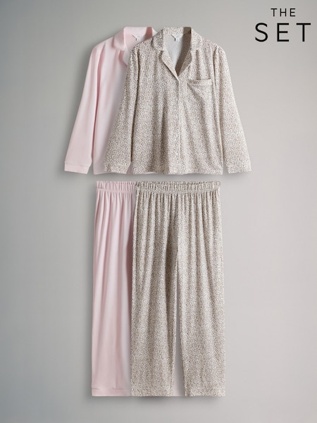 The Set 2 Pack Polyester Viscose Blend Button Through Long Pyjamas with Piping Animal/Pink (W77350) | £32