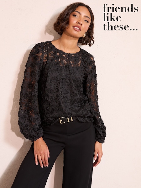 Friends Like These Black Long Sleeve 3D Floral Lace Blouse (W77446) | £44