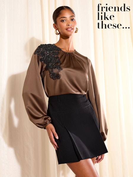Friends Like These Chocolate Brown Long Sleeve Satin Embellished Detail Blouse (W77450) | £42