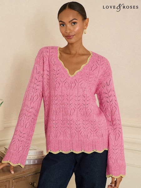 Love & Roses Pink Lurex Scallop Pointelle V-Neck Jumper (W77500) | £40