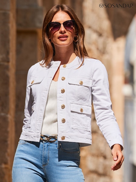 Sosandar White Round Neck Pocket Front Denim Jacket (W77691) | £69