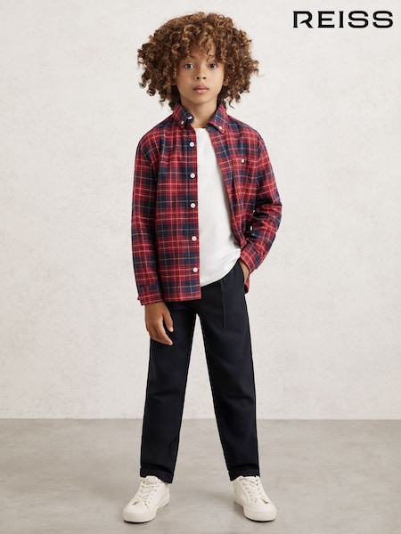 Reiss Red/Navy Blue Bronts Cotton Button-Through Check Shirt (W77818) | £46