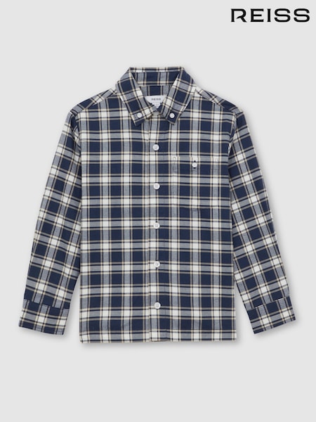 Reiss Navy Blue Bailes 13-14 yrs Cotton Button-Through Check Shirt (W77824) | £50