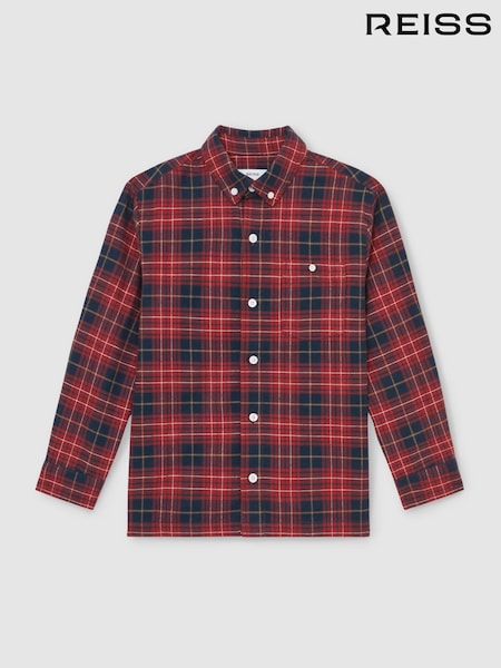 Reiss Red/Navy Blue Bronts Cotton Button-Through Tartan Shirt (W77841) | £50