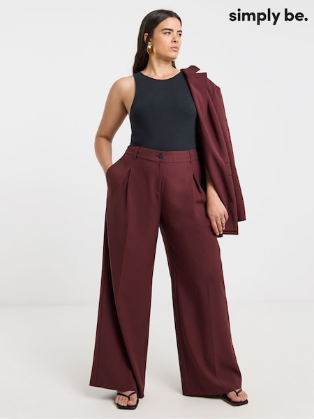 Simply Be Burgundy Elastic Back Pleated Wide Leg Trousers (W78040) | £38