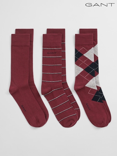 GANT Red Argyle Stripe 3-Pack Crew Ankle Socks (W78123) | £20