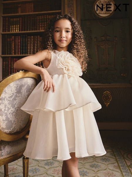 Ecru Flower Corsage Tiered Occasion Dress (3-16yrs) (W78238) | £45 - £51