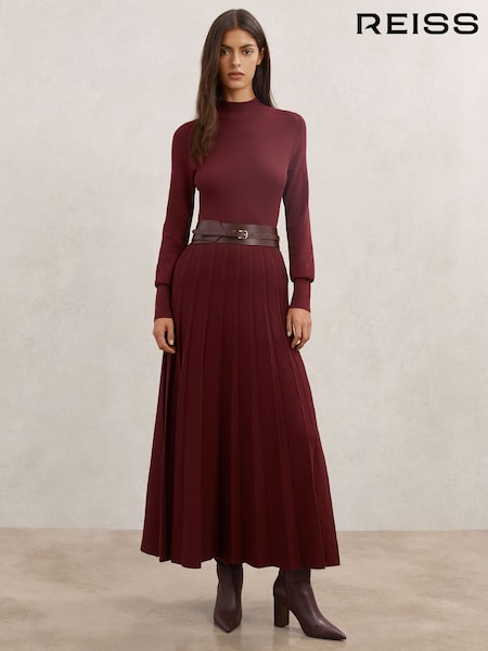 Reiss Raspberry Red Alicia Belted Knit Pleated Midi Dress (W78440) | £240