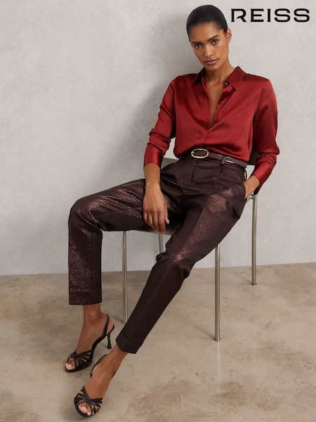 Reiss Burgundy Sienna Petite Tapered Metallic Suit Trousers with Cotton (W78468) | £130