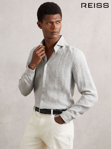 Reiss White/Thyme Green Ruban Linen Striped Cutaway-Collar Shirt (W78573) | £110