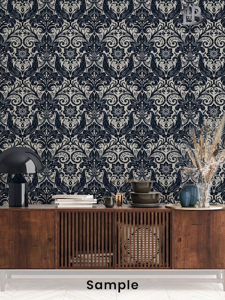 Laurence Llewelyn-Bowen Blue Damask Sauvage Flock A4 Wallpaper Sample (W78813) | £1