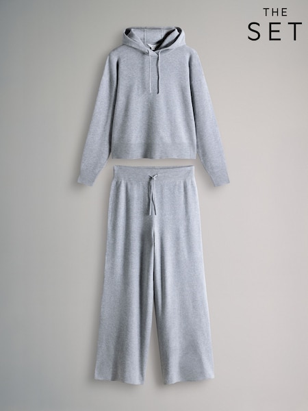 The Set Knitted Ribbed Hoodie and Wide Leg Trouser Co-ord Light Grey Marl (W79046) | £33