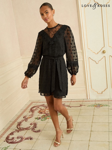 Love & Roses Black Petite Spot Jacquard Mini Dress (W79052) | £69