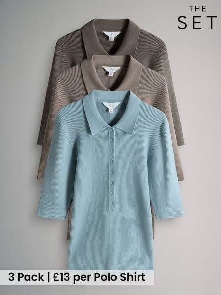 The Set 3 Pack 3 Pack Knitted Ribbed Polo Tops Brown/Neutral/Blue (W79061) | £39