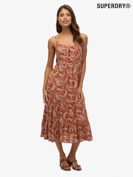 Superdry Brown Half Button Tiered Midi Dress (W79328) | £50