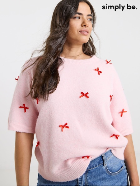 Simply Be Pink Bow Embroidered Knitted Short Sleeve Jumper (W79350) | £32