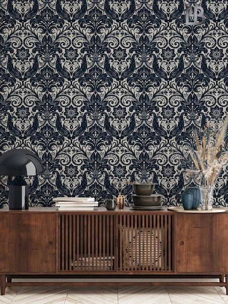 Laurence Llewelyn-Bowen Blue Damask Sauvage Flock 10M Wallpaper (W79661) | £90
