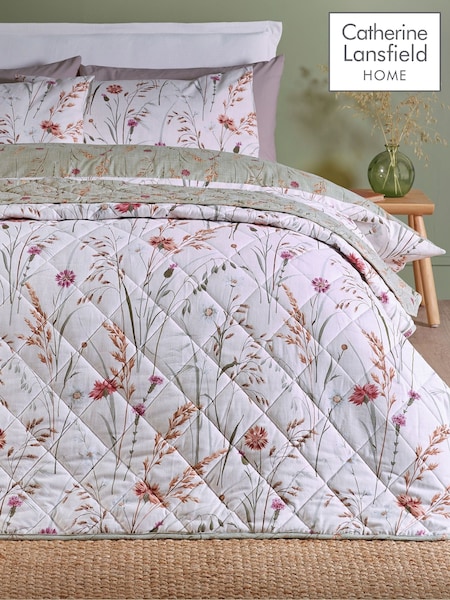 Catherine Lansfield Green Brushed Grasmere Floral Print Quilted Bedspread (W80471) | £50