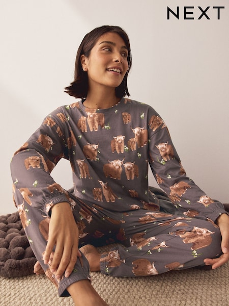 Charcoal Grey Hamish The Highland Cow Long Sleeve Pyjamas (W80715) | £28