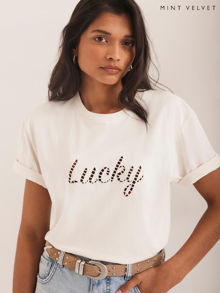 Mint Velvet Cream Cotton Cut Out Slogan T-Shirt (W80816) | £45