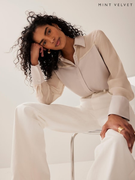 Mint Velvet Natural Satin Long Sleeve Shirt (W80820) | £89