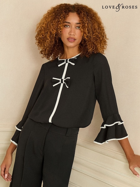 Love & Roses Black White Bow Crew Neck Pleated Flute Sleeve Blouse (W80863) | £38