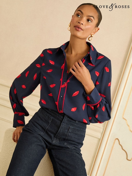 Love & Roses Navy Lips Print Long Sleeve Button Through Shirt (W80871) | £39